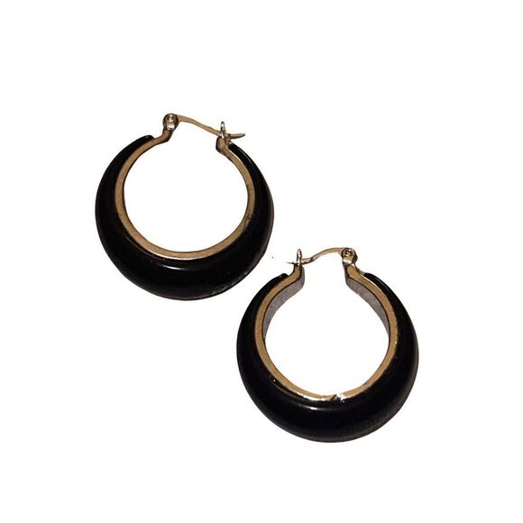 Vtg 80s Earrings Hoop Black Silvertone Lined Pierced - Picture 2 of 3